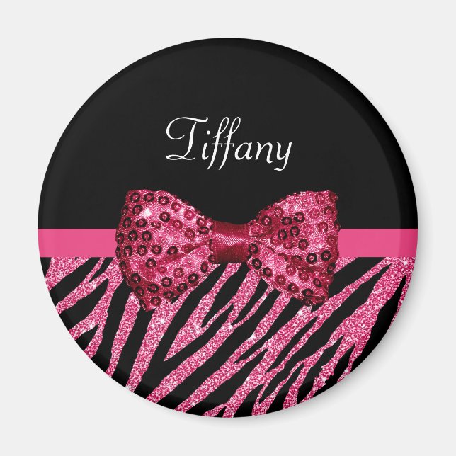 Trendig Rosa Zebra tryck FAUX Glitz Bow med Namn Magnet (Framsidan)