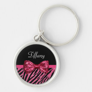 Trendig Rosa Zebra tryck FAUX Glitz Bow med Namn Rund Silverfärgad Nyckelring