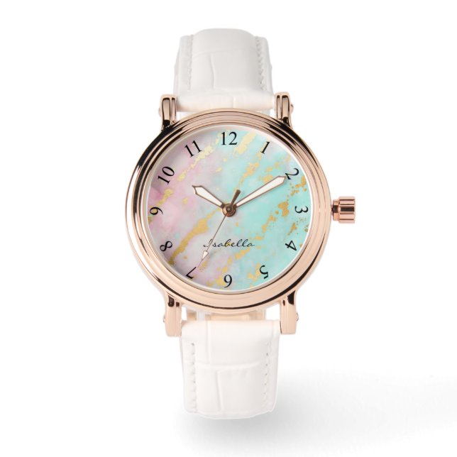 Trendig rosafärgad mjuk mintgrön lyxkollektion armbandsur (Framsida)