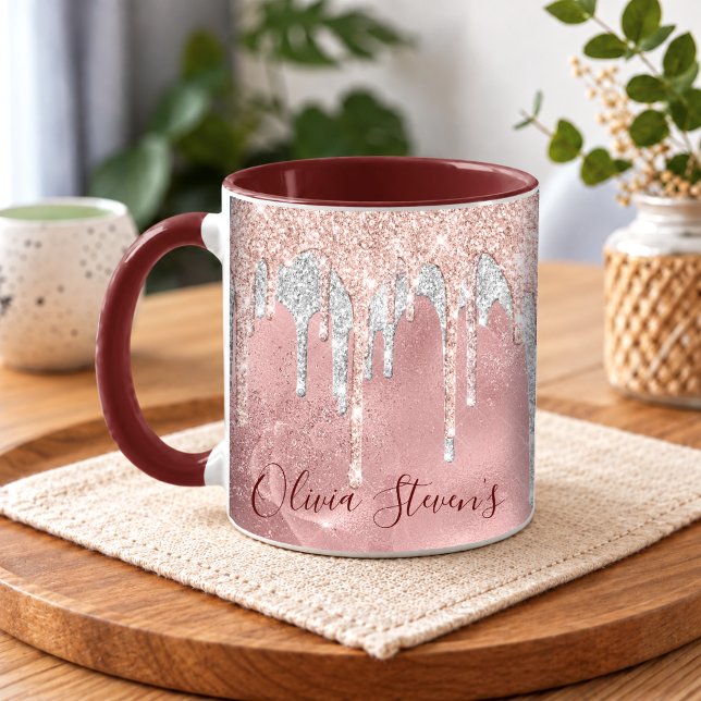 Trendig rosaktig rodnad silver droppande monogram mugg (Skapare uppladdad)