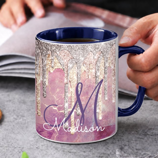 Trendig rosblush rosa glitterdroppar monogram mugg (Skapare uppladdad)