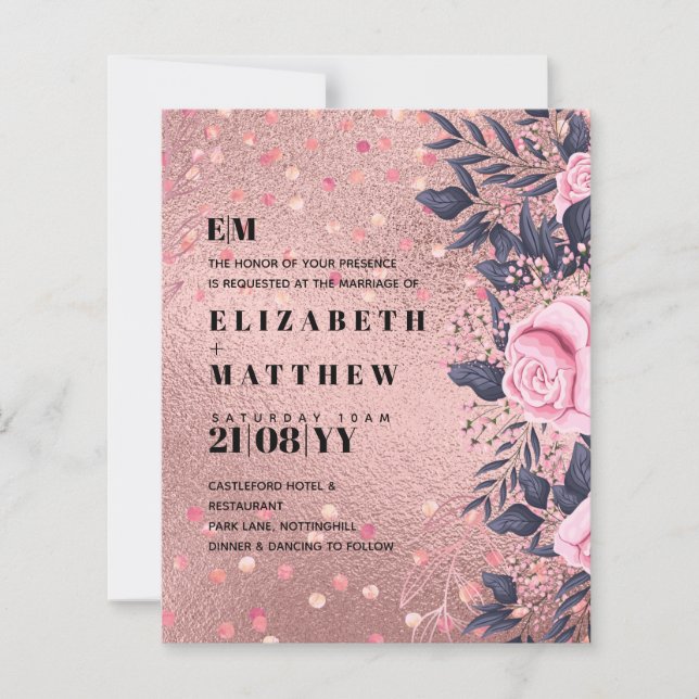 Trendig ROSEGOLD Bröllop Metallic Rosa Navy Glitte (Framsida)