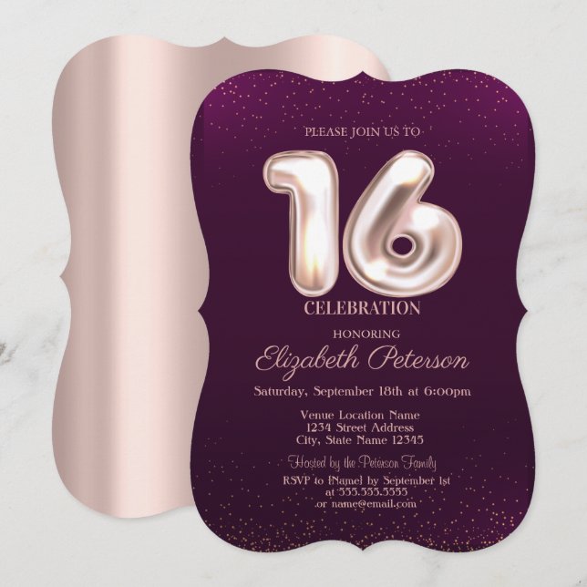 Trendig Roséguld,Violett Sweet 16  Inbjudningar (Fram/baksida)