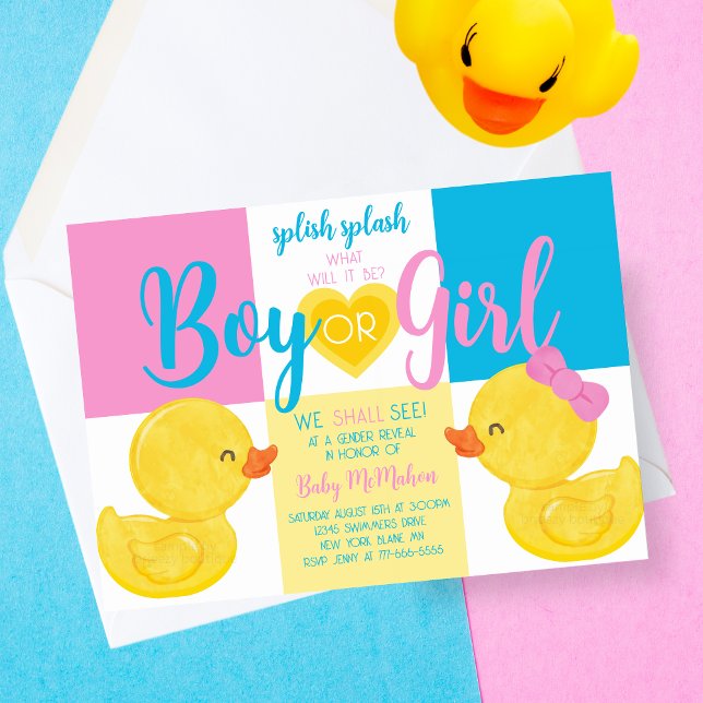 Trendig Rubber Anka Gender Reveal Party bjudan Inbjudningar (Trendy Unique Watercolor Rubber Ducky Gender Reveal Party Invitations. In Blue, Pink and Yellow.)
