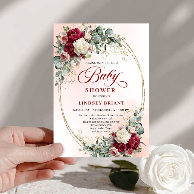 Trendig Rustik Burgunder Guld Bebis Shower Inbjuda Inbjudningar (Trendy Rustic Burgundy Gold Baby Shower Invitation)
