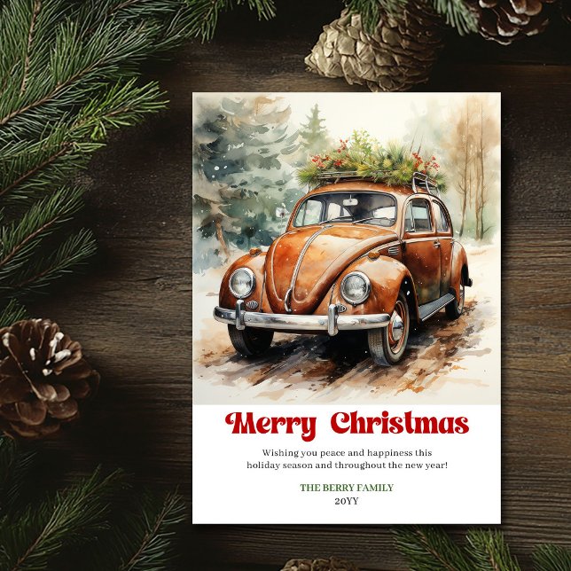 Trendig rustik julscen röd bil kort stil (Chic rustic Christmas scene red car card style)