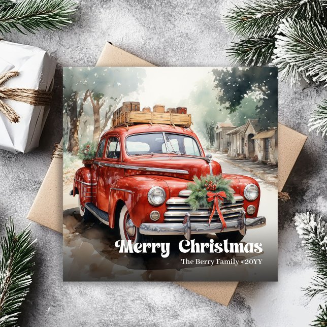 Trendig rustik julscen vattenfärg hälsning julkort (Trendy rustic Christmas scene watercolor greeting)