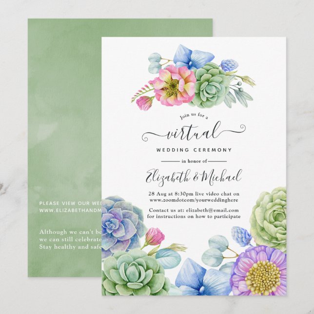 Trendig saftig blomster online virtuell bröllop inbjudningar (Fram/baksida)