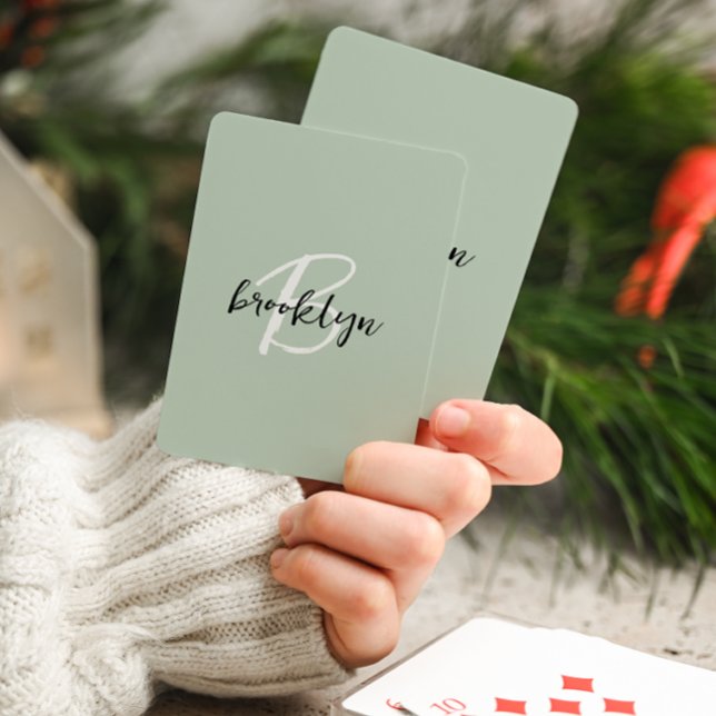 Trendig Sage Grön Svart Vit Skrift Monogram  Casinokort (Skapare uppladdad)