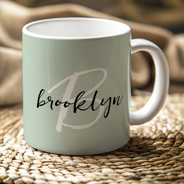 Trendig Sage Grön Svart Vit Skrift Monogram  Kaffemugg (Skapare uppladdad)