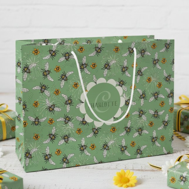 Trendig Sage Grönt Buzzing Summer Bees (Modern Floral Bee Gift Bags for Nature Lover. Botanical Vintage Honeybee & Flowers Pattern For Her )