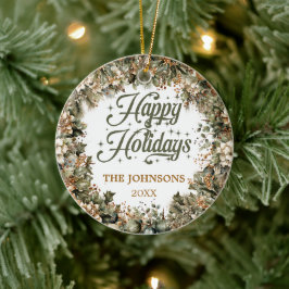 Trendig sage grönt faux guld Glad helg familj Julgransprydnad Keramik