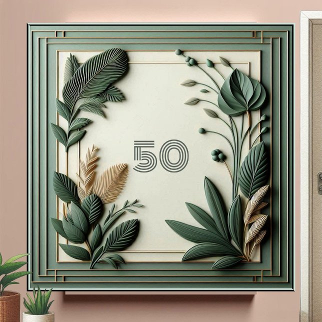 Trendig Sagegrön Art Deco-blad Botaniskt Nummer Kakelplatta (Trendy Sage Green Art Deco Leaves Botanical Number Ceramic Tile)