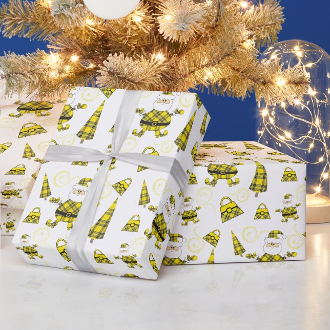 Trendig Santa i gul tartan med handväskor  Presentpapper (Helgdagar)