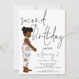 Trendig Script Girl Mörk Hair Rainbows 2:a födelse Inbjudningar