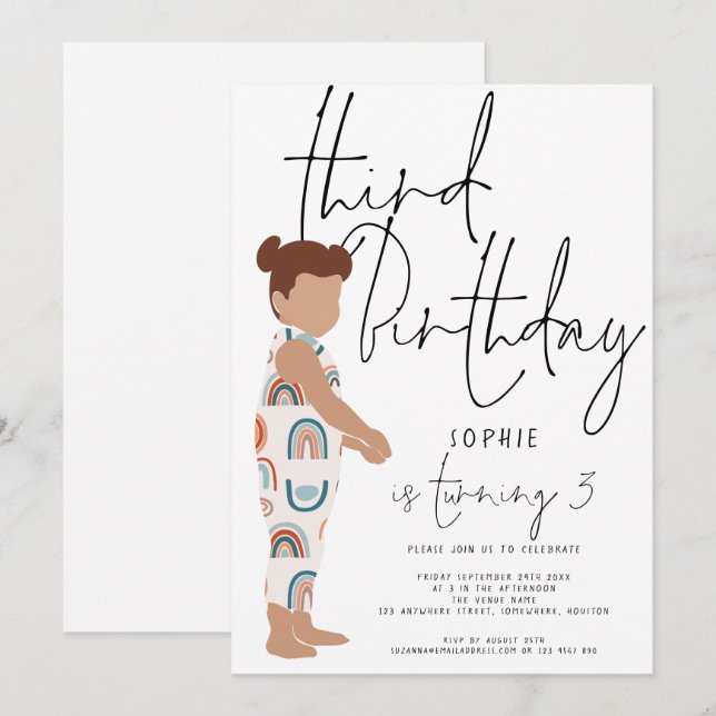 Trendig Script Girl Rainbows Coola Kids 3-årsdag Inbjudningar (Fram/baksida)
