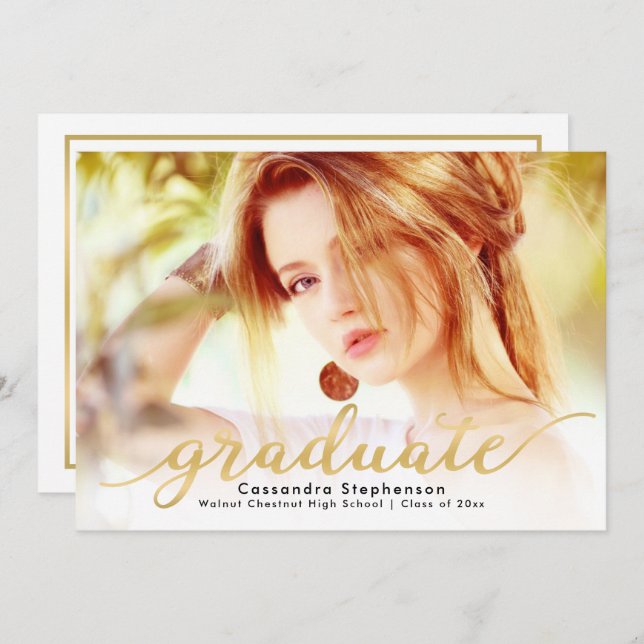 Trendig Script Modern Guld Photo Studenten Inbjudningar (Fram/baksida)