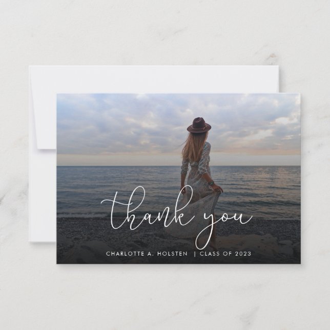 Trendig Script Overlay Multi Foto Examen  Tack Kort (Framsida)