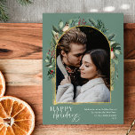 Trendig Script Sage Greenery Guld Arch Photo Julkort<br><div class="desc">Den här designen har en modern grey arch med en delikat penseldrag glitter guld ram och guld med ett enda lodrät och en mönster glitter grönt på baksidan. Om du vill göra avancerade ändringar väljer du alternativet "Klicka för att anpassa ytterligare" under "Anpassa den här mallen". Här kan du redigera...</div>