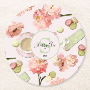 Trendig Shabby chic Peonies and Macarons Set Underlägg Papper Rund