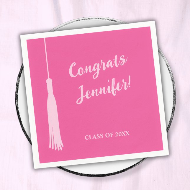 Trendig Shock rosa Chic 2024 Grad Tassel Studenten Pappersservett (Trendy Hot Pink Chic 2024 Grad Tassel Graduation Napkins)