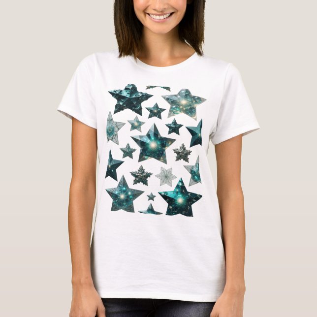 Trendig Silver BLÅ STJÄRNOR 3D Text Konst T Shirt (Framsida)