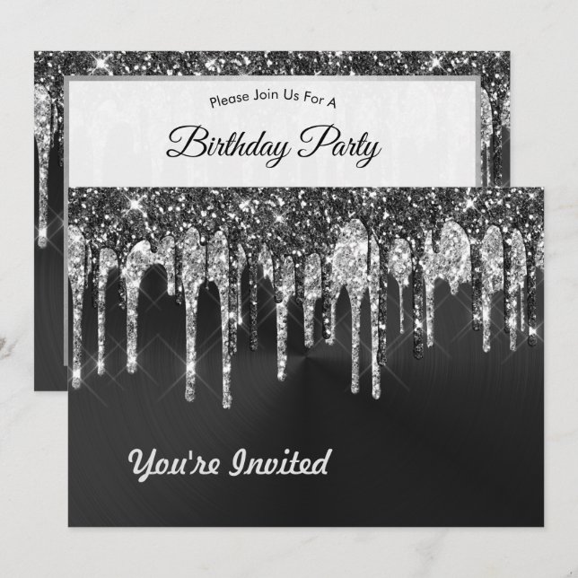Trendig Silver Black Glitter Drives Graphic Birthd Inbjudningar (Fram/baksida)