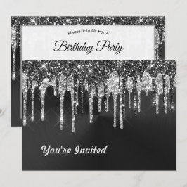 Trendig Silver Black Glitter Drives Graphic Birthd Inbjudningar
