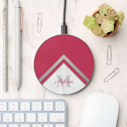 Trendig Silver Chevron Red Magenta Monogram Marble