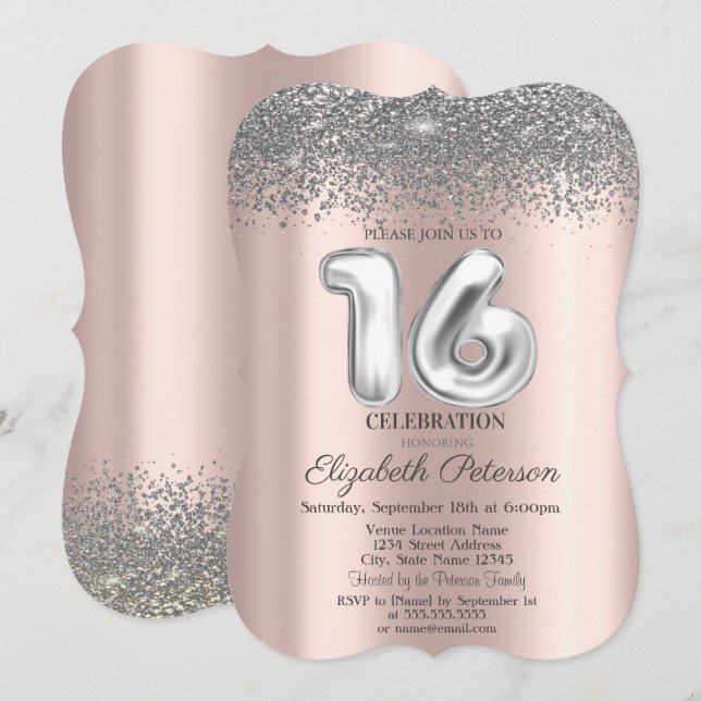 Trendig Silver Diamanter Rosa Guld Sweet 16 Inbjudningar (Fram/baksida)