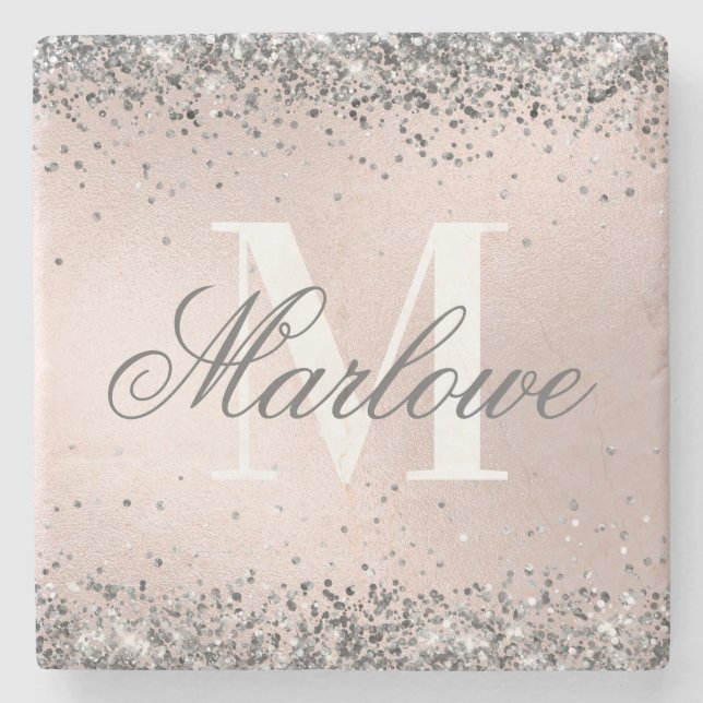 Trendig Silver Glitter Metallic  Rosa Monogram Stenunderlägg (Framsidan)