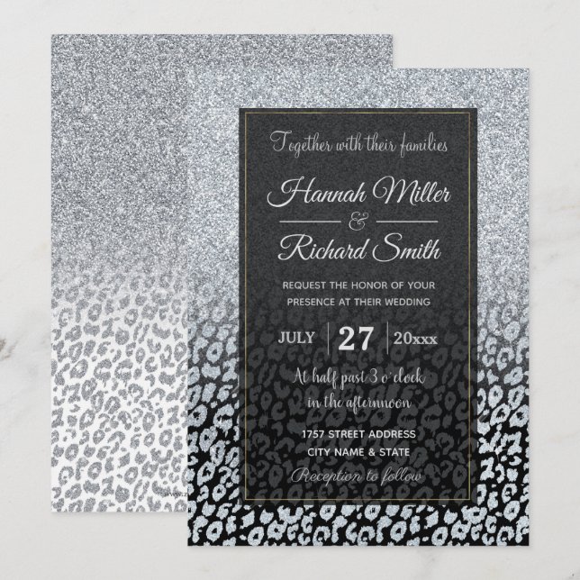 Trendig Silver Glitter och Leopard Ombre Black Pri Inbjudningar (Fram/baksida)