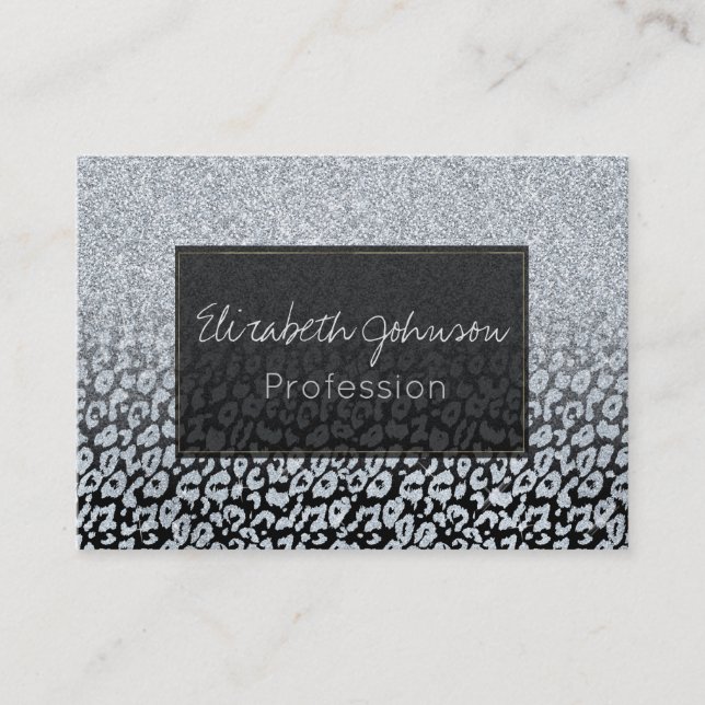 Trendig Silver Glitter och Leopard Ombre Black Pri Visitkort (Framsida)
