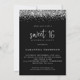 Trendig Silver Glitter Sweet 16 Birthday Black Inbjudningar