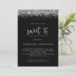Trendig Silver Glitter Sweet 16 Birthday Black Inbjudningar