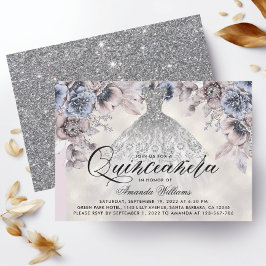 Trendig Silver Gown Blommigt Photo Quinceañera Inbjudningar
