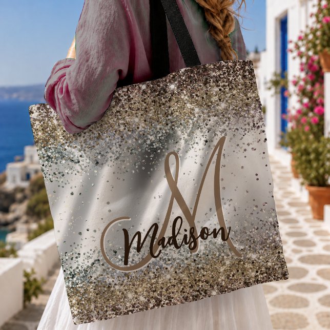 Trendig silver Guld falsk glitter monogram Tygkasse (Skapare uppladdad)