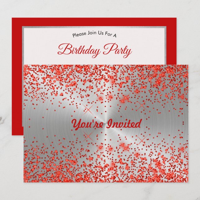 Trendig Silver Metallic Red Glitter Birthday Inbjudningar (Fram/baksida)