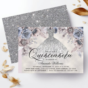 Trendig silverklänning Blommig Foto Quinceañera Inbjudningar