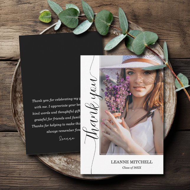 Trendig-skript, foto Studenten Tack Kort (3.5" x 5" trendy script photo graduation flat thank you cards with your message on the back)