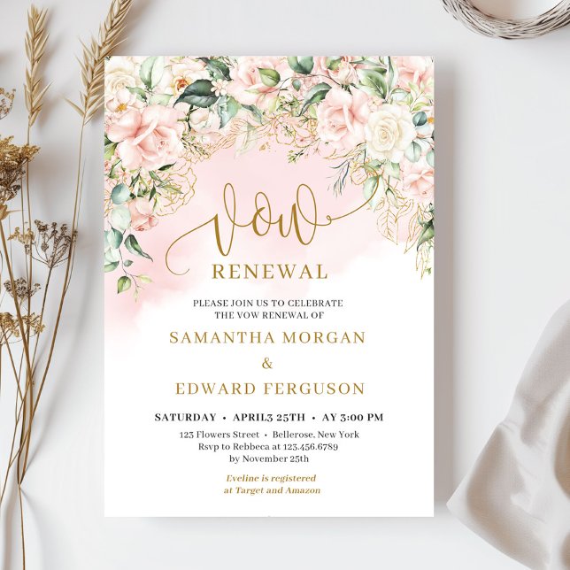 Trendig-skripten soft rosa ros och guld vow-förnye inbjudningar (Ethereal bohemian pink roses sage eucalyptus and gold vow renewal invitation )