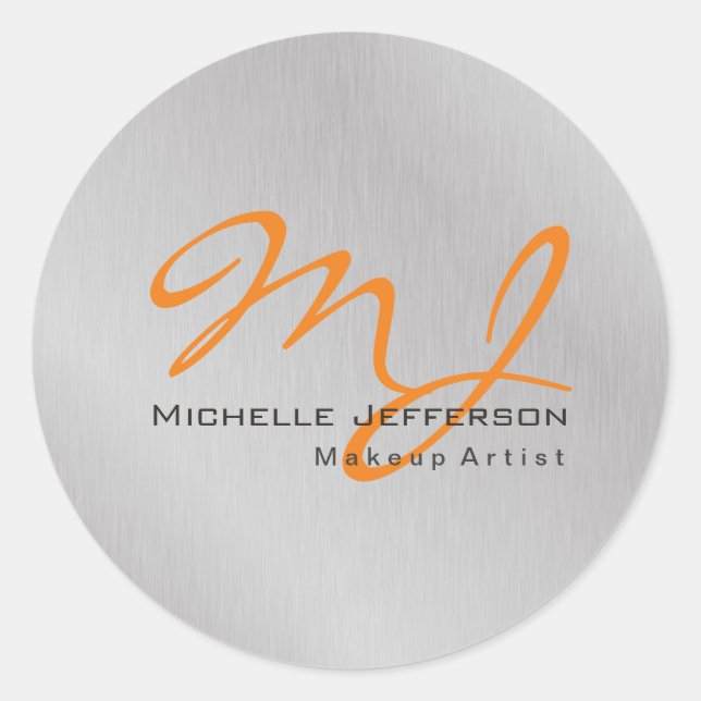 Trendig sminkartist Silver Grå Orange Monogram Runt Klistermärke (Framsida)