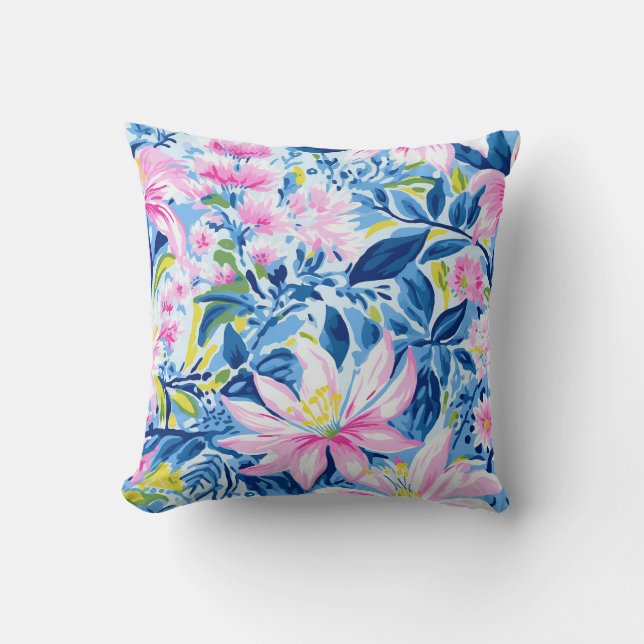 Trendig Snyggt Blue Rosa Lilly Blommönster Kudde (Framsida)