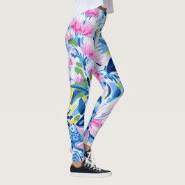 Trendig Snyggt Blue Rosa Lilly Blommönster Leggings