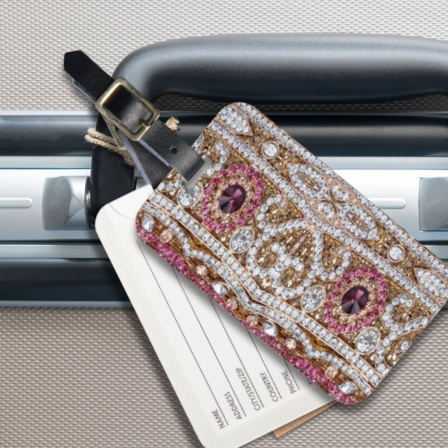 trendig snyggt guld burgundy rosa bohemian vid sil bagagebricka (trendy stylish silver gold burgundy pink bohemian luggage tag)