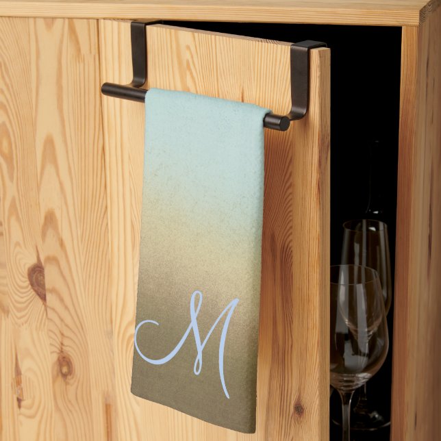 Trendig Snyggt Monogram Ombre Blue Brown Kökshandduk (Thirds Fold)