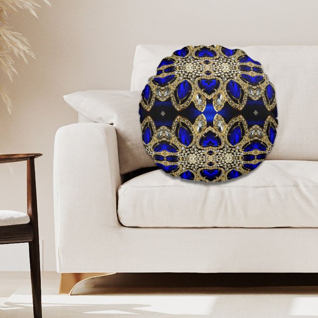 trendig snyggt turkos guld silver (blått) rund kudde (trendy stylish turquoise gold silver deep blue round pillow)
