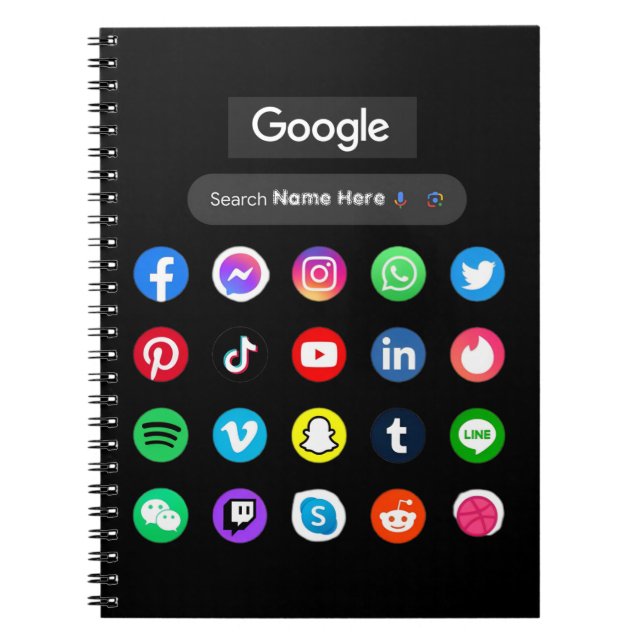 Trendig Social Media Icons Google Search Pub Black Anteckningsbok (Framsidan)