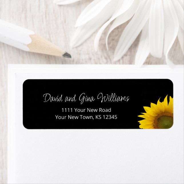 Trendig Solros Botanical Boho Black Returadress Etikett (Insitu)