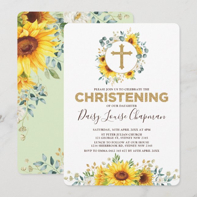 Trendig Solros Greenery Gult Guld Christening Inbjudningar (Fram/baksida)